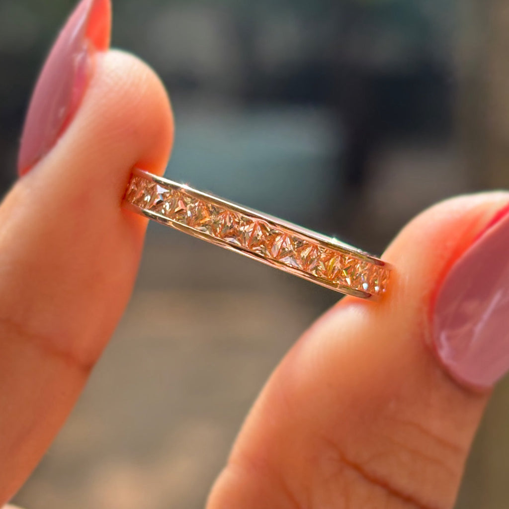 Champagne Princess Moissanite Wedding Band, Channel Set Full Eternity Ring, Stacking Bridal Band, Anniversary Gift for Her