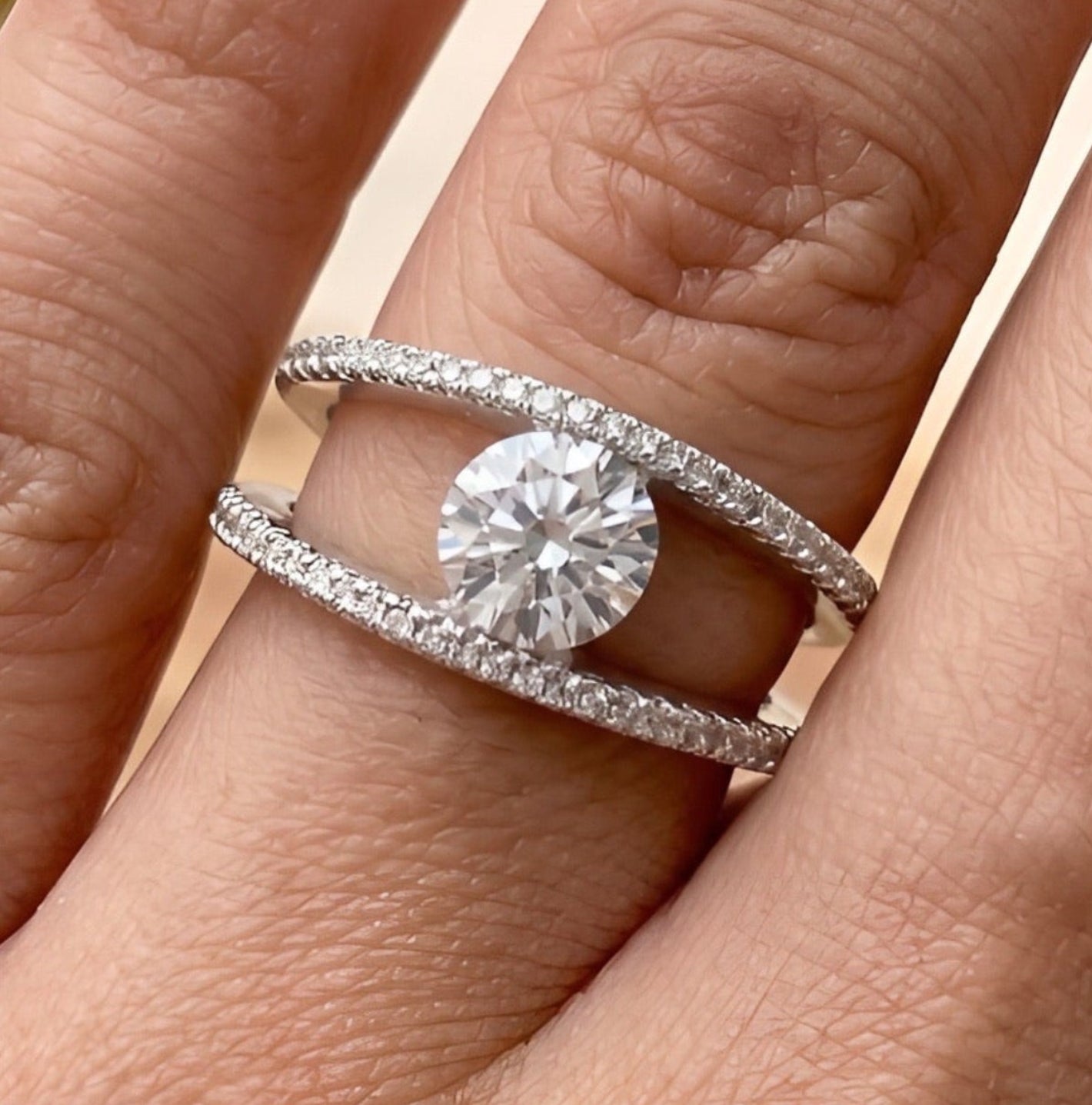 Round Moissanite Halo Engagement Ring, Pavé Split Shank Solitaire Ring