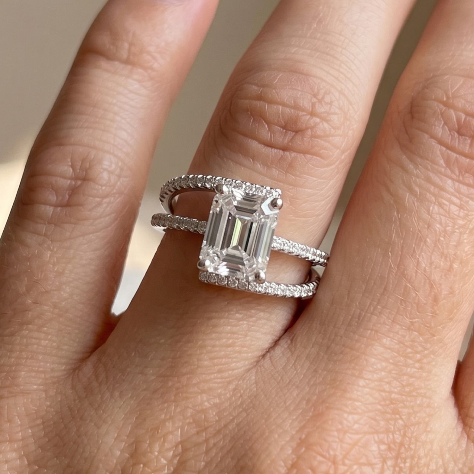 2.50 CT Emerald Cut Moissanite Engagement Ring, Split Shank Ring, Emerald Cut Wedding Ring, Vintage Double Shank White Gold Ring