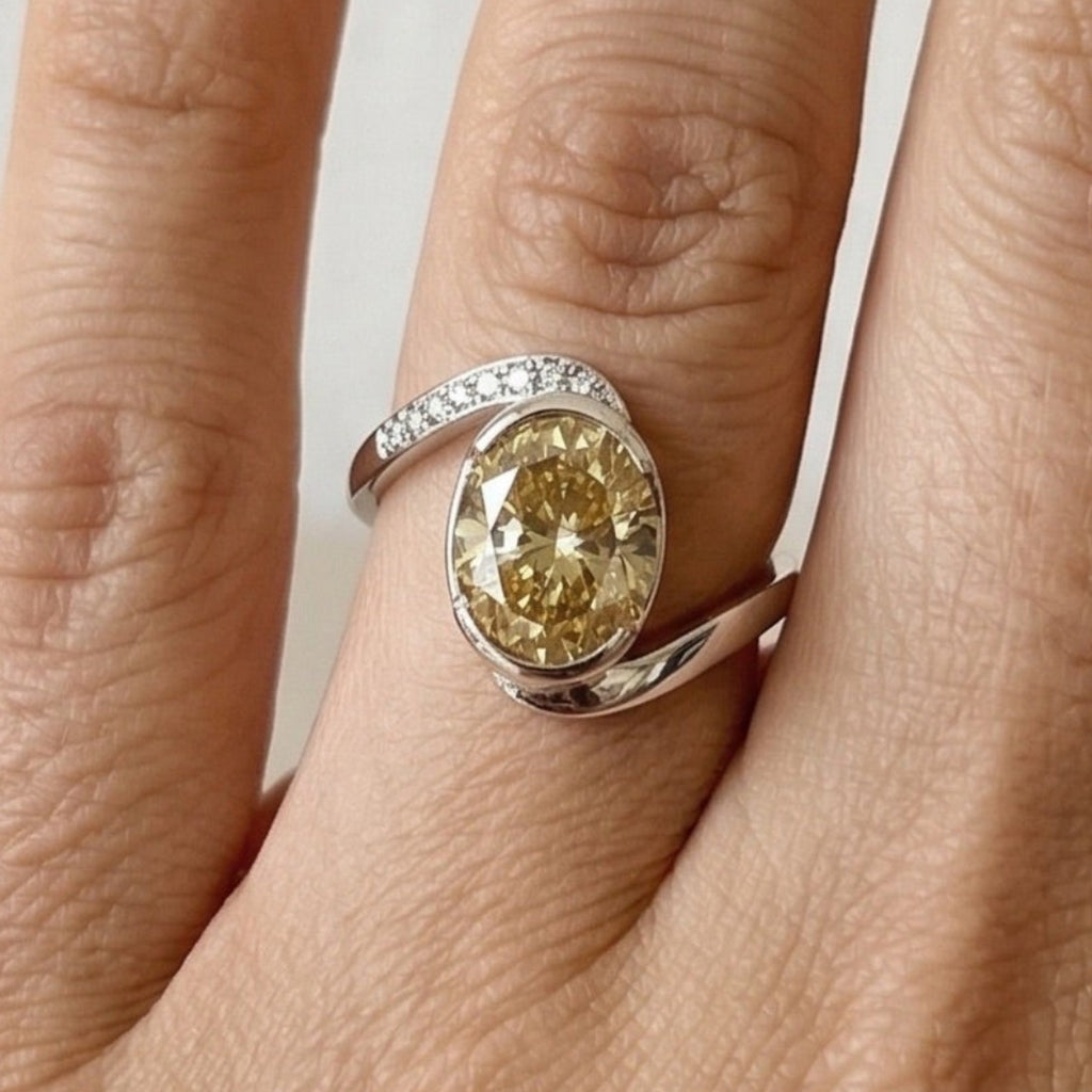 Oval Canary Yellow Moissanite Engagement Ring, Oval Solitaire Wedding Ring, Bezel Set, Bypass Shank, White Gold Ring, Anniversary Gifts