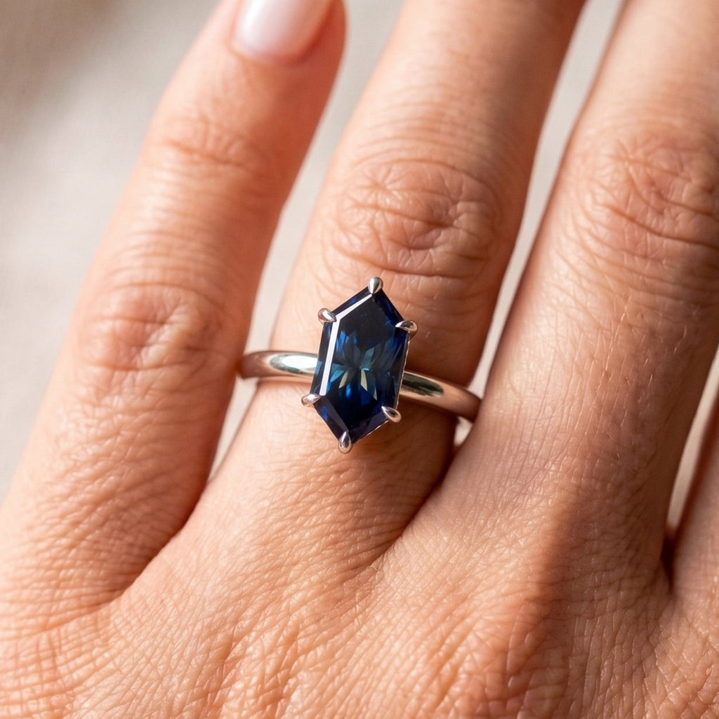 Dutch Marquise Dark Blue Moissanite Engagement Ring, Hidden Halo Solitaire Ring, Vintage Wedding Ring, Anniversary Gift, Promise Ring