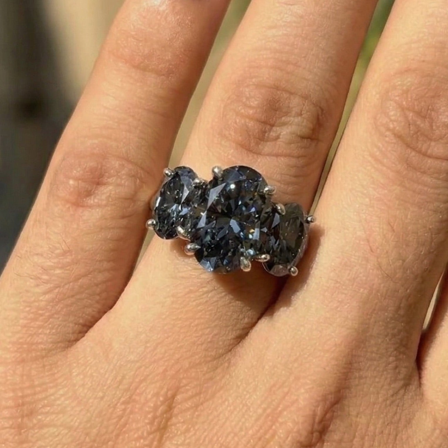 Oval Cut Grey Moissanite Engagement Ring, Three Stone Wedding Ring, Trilogy Ring, Three Oval Moissanite Anniversary Ring