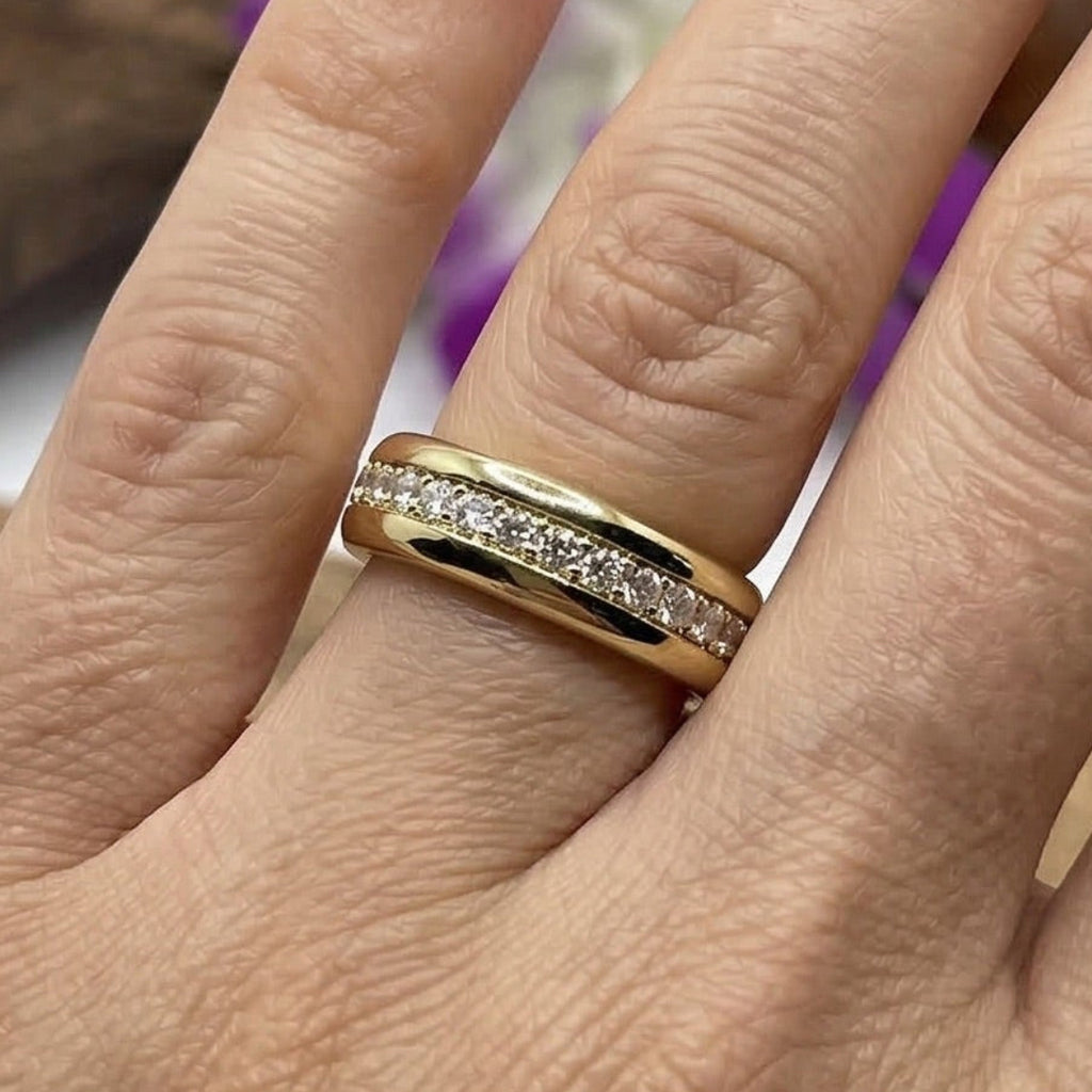 6MM yellow gold cigar band with pavé set round brilliant moissanite — full eternity wedding ring, handcrafted in solid 14K gold