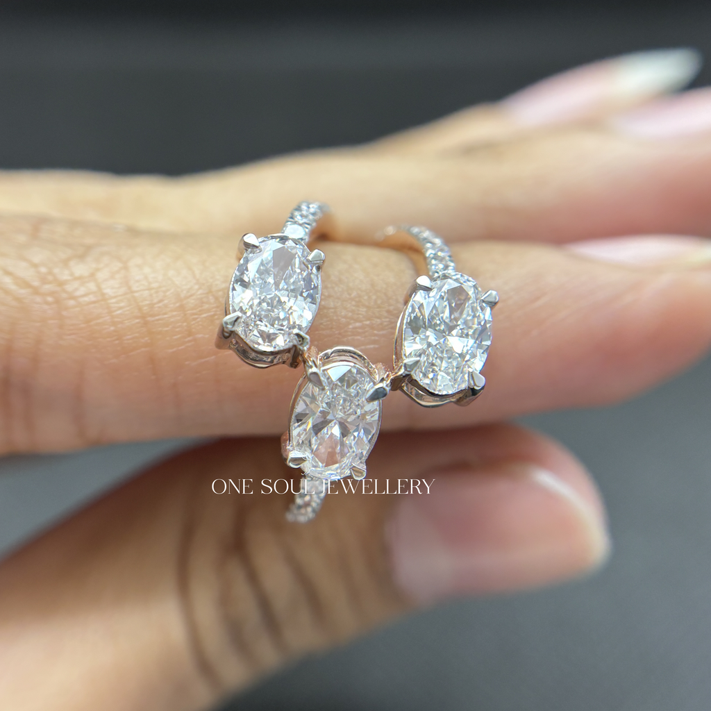 Three Stone Oval Lab Diamond Ring, Trilogy Engagement Ring, Bypass Shank Bridal Ring, Certified Diamond Ring, Anniversary Gift Ring