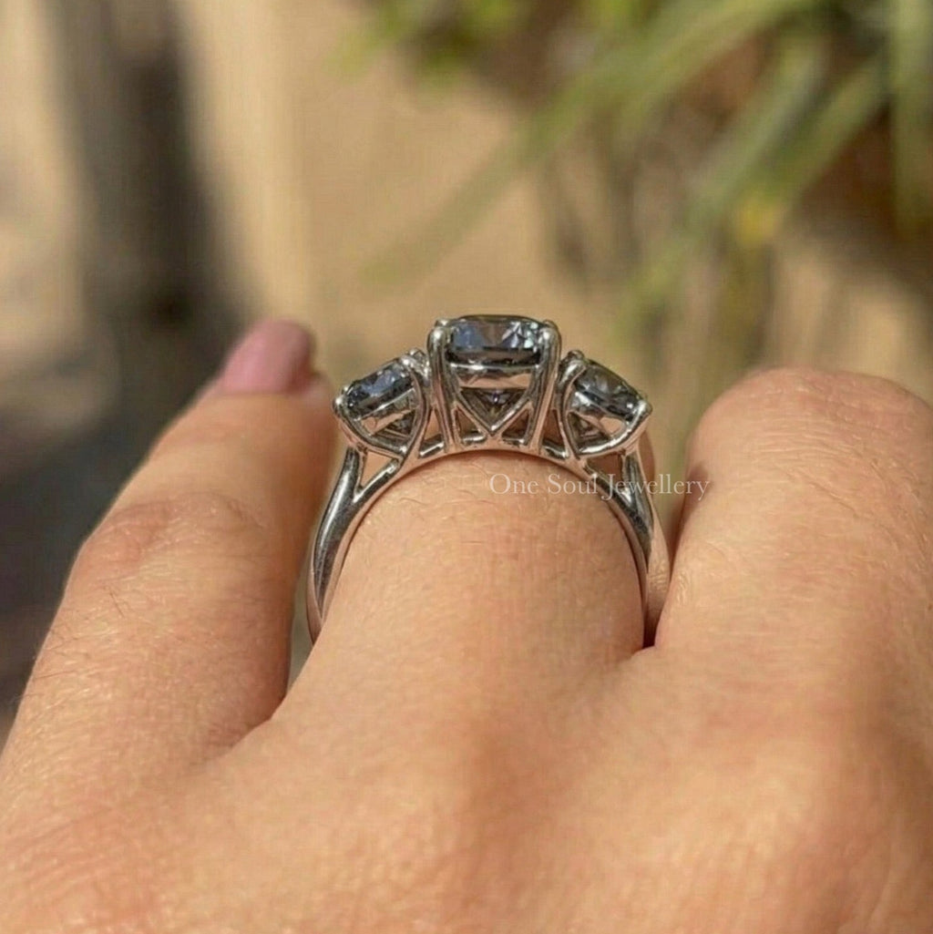 Oval Cut Grey Moissanite Engagement Ring, Three Stone Wedding Ring, Trilogy Ring, Three Oval Moissanite Anniversary Ring
