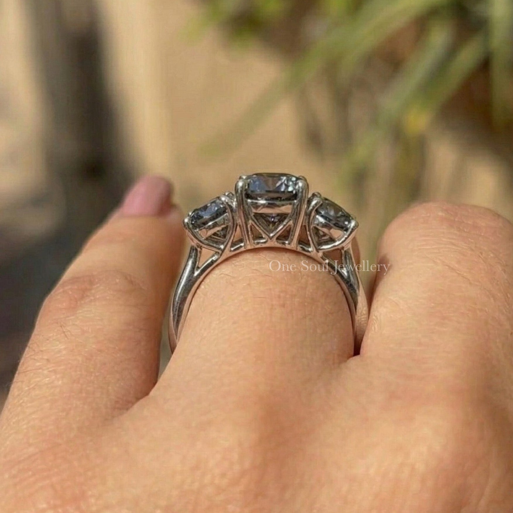 Oval Cut Grey Moissanite Engagement Ring, Three Stone Wedding Ring, Trilogy Ring, Three Oval Moissanite Anniversary Ring