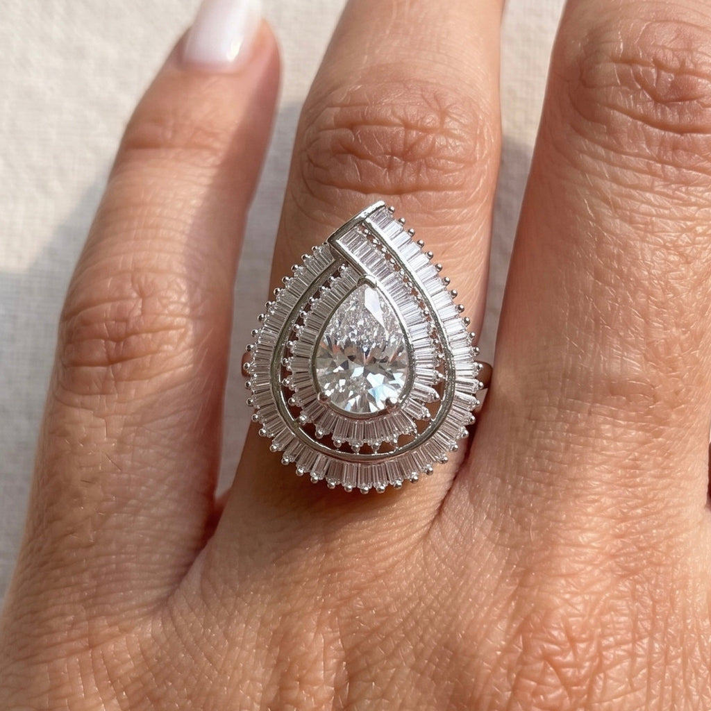 Pear Cut Moissanite Halo Engagement Ring, Cluster Baguette Moissanite, Pave Set Wedding Ring, Cocktail Ring, Anniversary Gifts