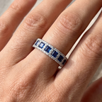 Lab Blue Sapphire Baguette Band, Eternity Wedding Band, Classic Moissanite Stackable Band, Promise Band, Art Deco Band, Anniversary Gifts 