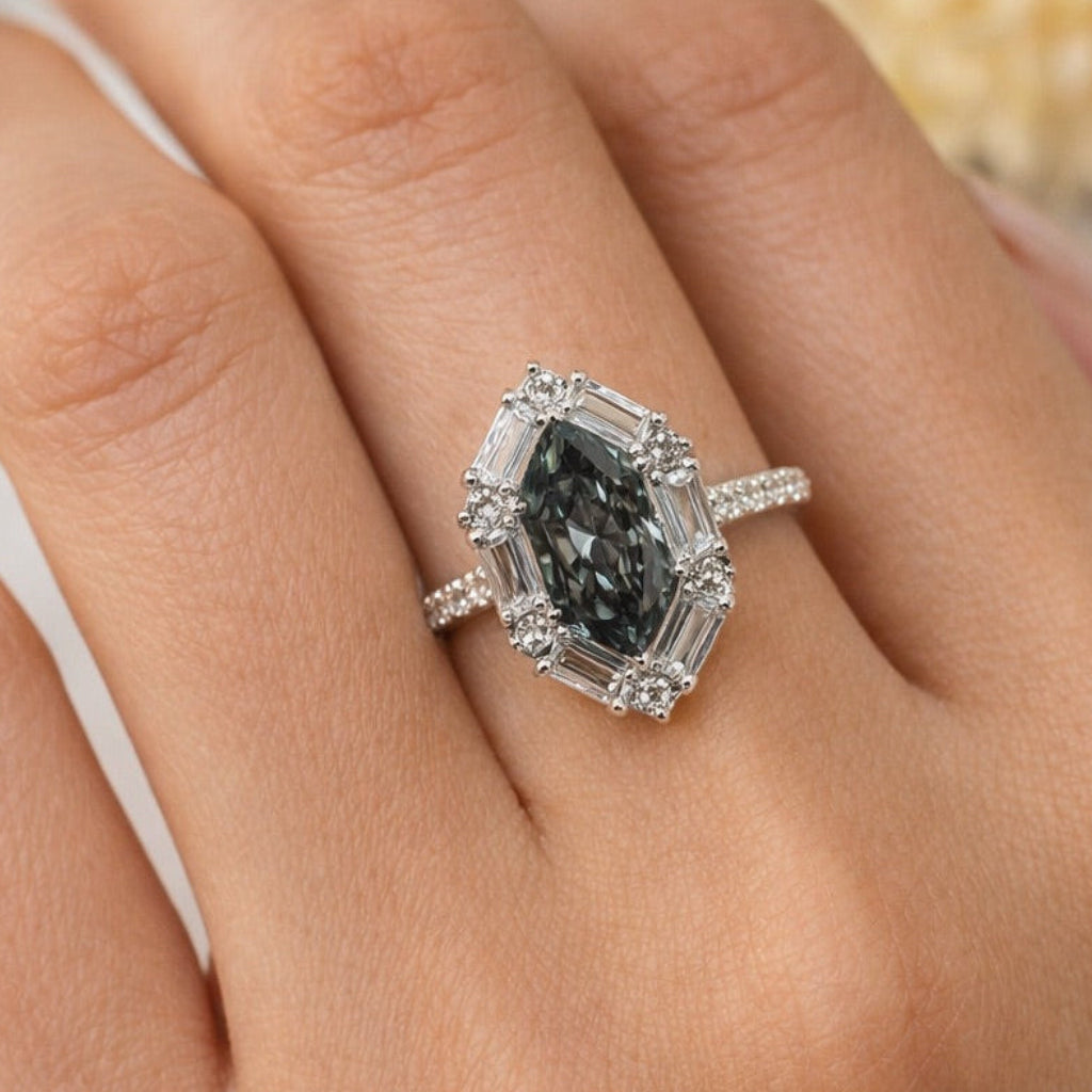 Dutch Marquise Dark Grey Moissanite Engagement Ring, Vintage Baguette & Round Halo Wedding Ring, Promise Ring for Women, Bridal Set Ring