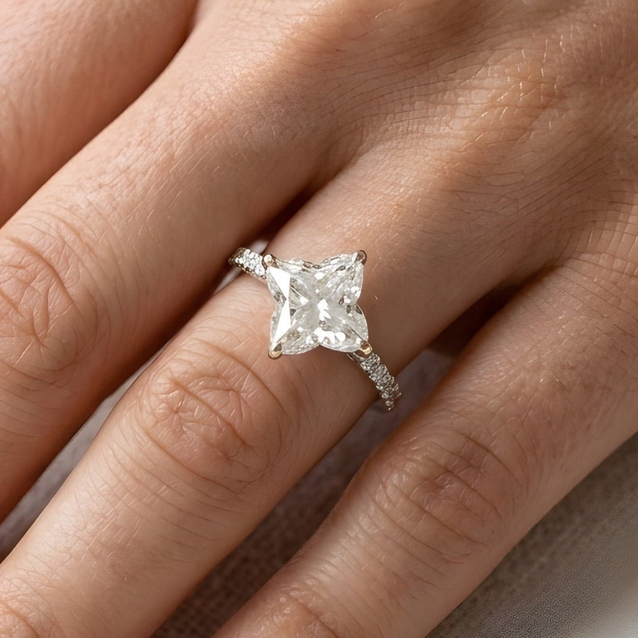 3 carat colorless clover leaf moissanite engagement ring with antique cut pave setting in 14k white gold