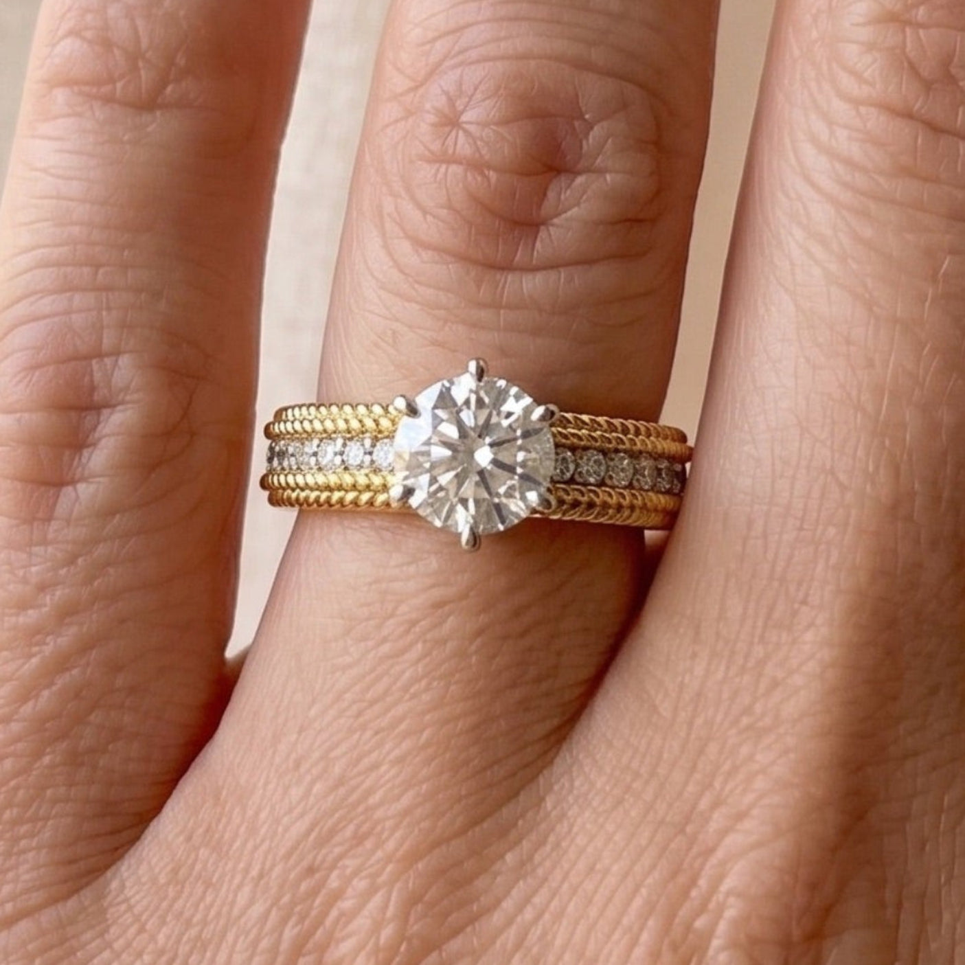 14K yellow gold solitaire engagement ring with 0.50ct round brilliant colorless moissanite — pavé set band, handcrafted fine jewelry