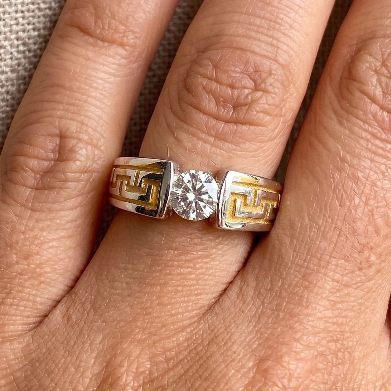 14K yellow gold men's engagement ring featuring Greek key meander pattern and 1CT round VVS moissanite solitaire center stone