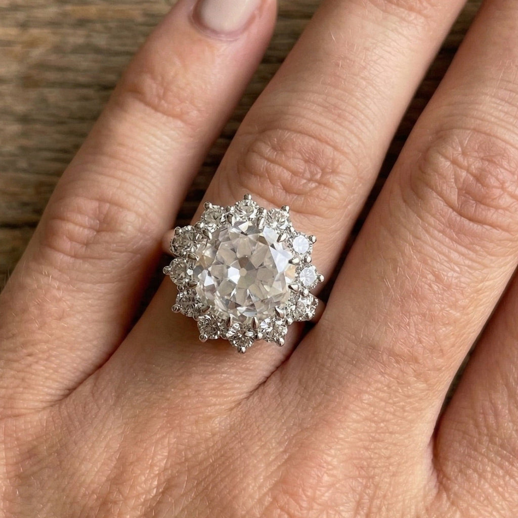 3.75 CTW Colorless Old Cut Round Moissanite Engagement Ring, Vintage Halo Wedding Ring, Floral Halo Ring, Rings for Women, Anniversary Gift