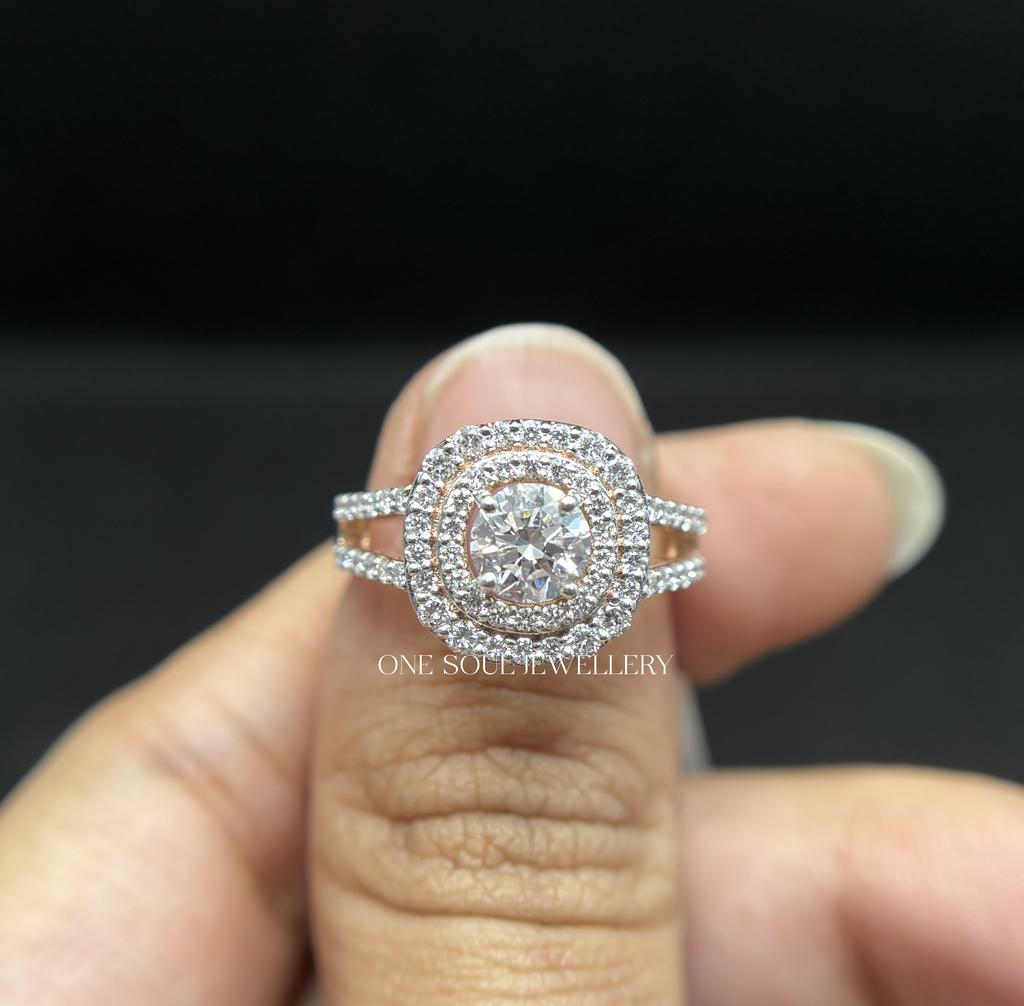 Double Halo  Round Lab Diamond Engagement Ring, Pave Split Shank Ring, Big Diamond Ring, 14K Gold Wedding Ring, Proposal Ring for Her