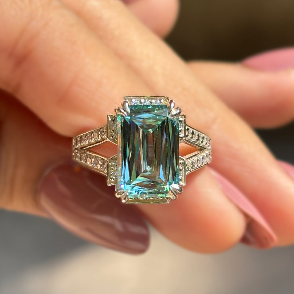 5.00 CT Cyan Blue Criss Cut Moissanite Engagement Ring, Emerald Cut Halo Ring with Pave Split Shank, Double Claw Prongs, Proposal Ring