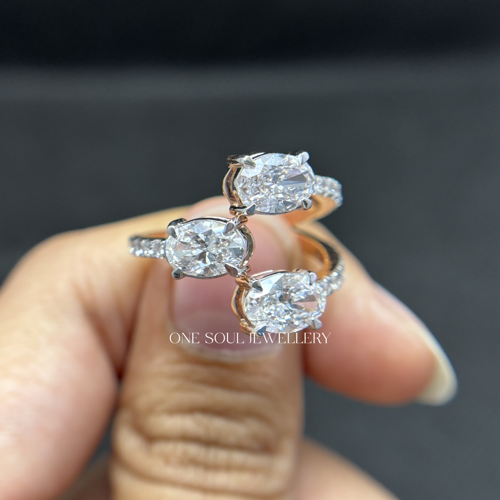 Three Stone Oval Lab Diamond Ring, Trilogy Engagement Ring, Bypass Shank Bridal Ring, Certified Diamond Ring, Anniversary Gift Ring
