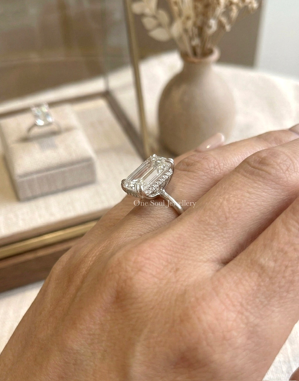 5.00 CT Emerald Cut Moissanite Engagement Ring, Hidden Halo Wedding Ring, Double Claw Prong