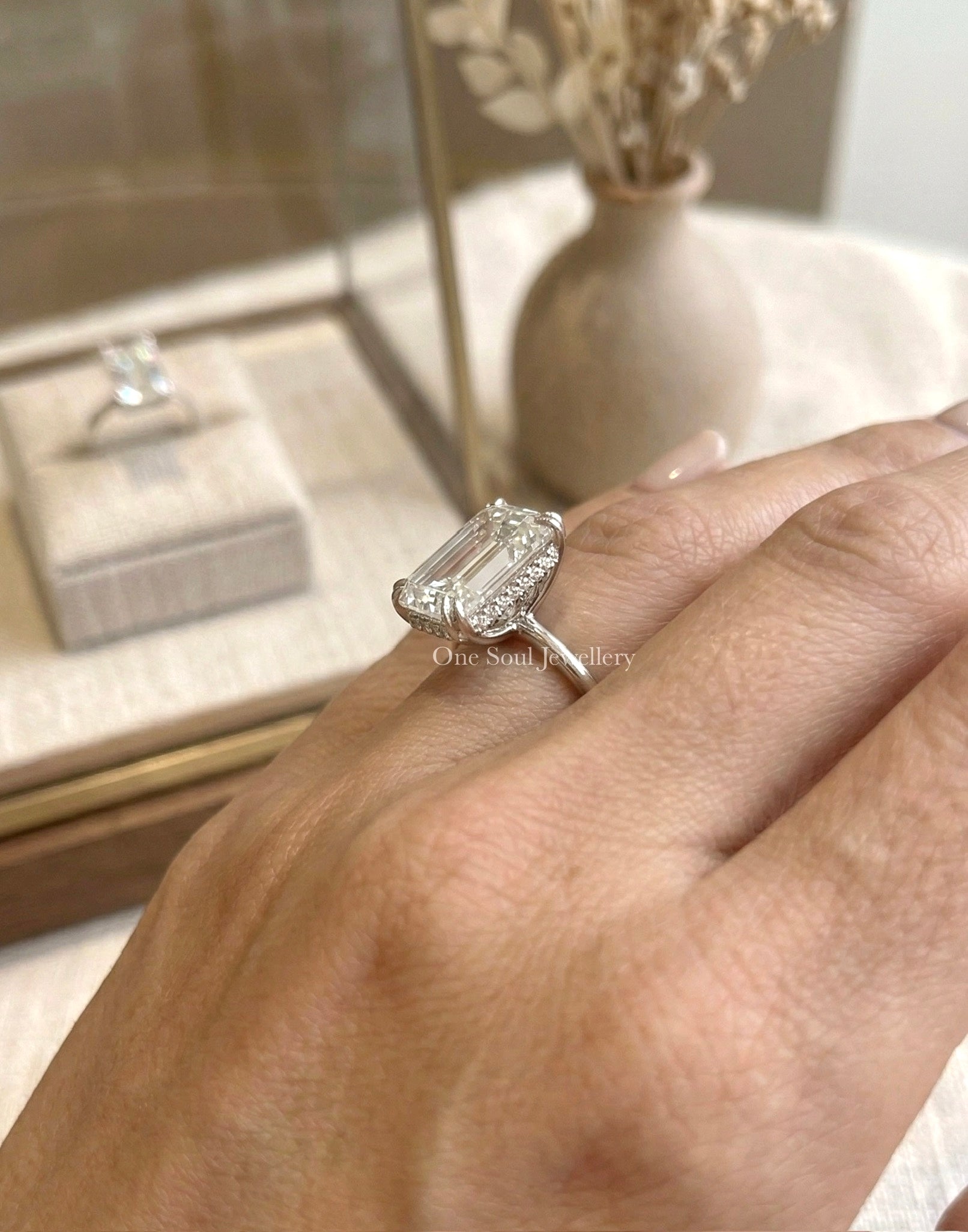 5.00 CT Emerald Cut Moissanite Engagement Ring, Hidden Halo Wedding Ring, Double Claw Prong