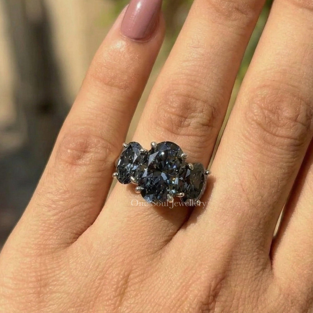 Oval Cut Grey Moissanite Engagement Ring, Three Stone Wedding Ring, Trilogy Ring, Three Oval Moissanite Anniversary Ring