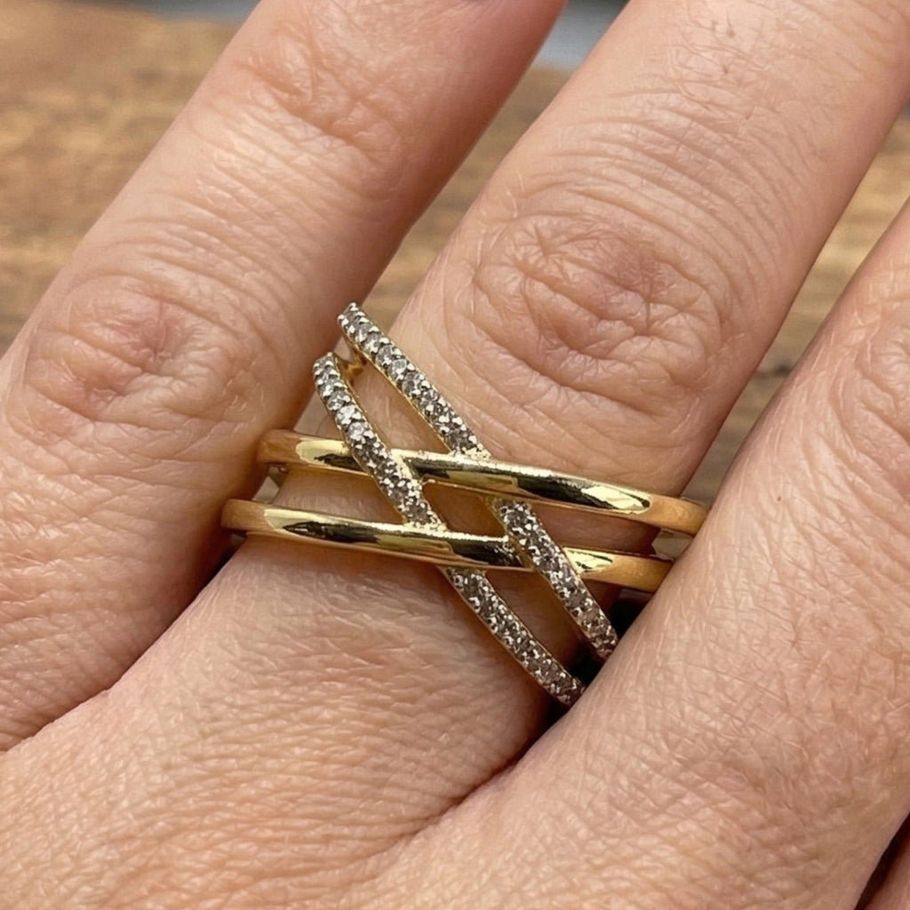 14K yellow gold criss cross moissanite ring with brilliant round cut stone — interlocking wedding band for women