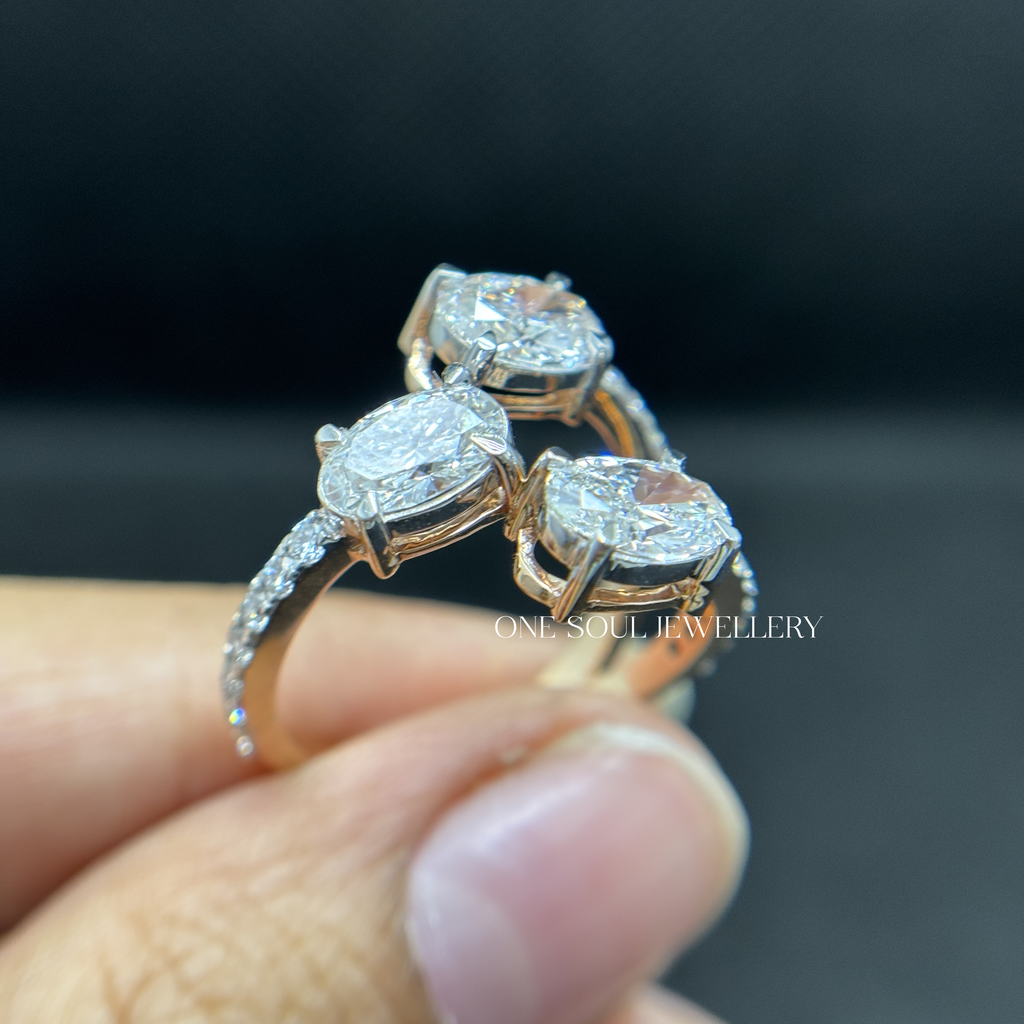 Three Stone Oval Lab Diamond Ring, Trilogy Engagement Ring, Bypass Shank Bridal Ring, Certified Diamond Ring, Anniversary Gift Ring
