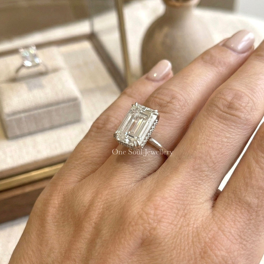 5.00 CT Emerald Cut Moissanite Engagement Ring, Hidden Halo Wedding Ring, Double Claw Prong, Proposal Ring, Celebrity Style Ring