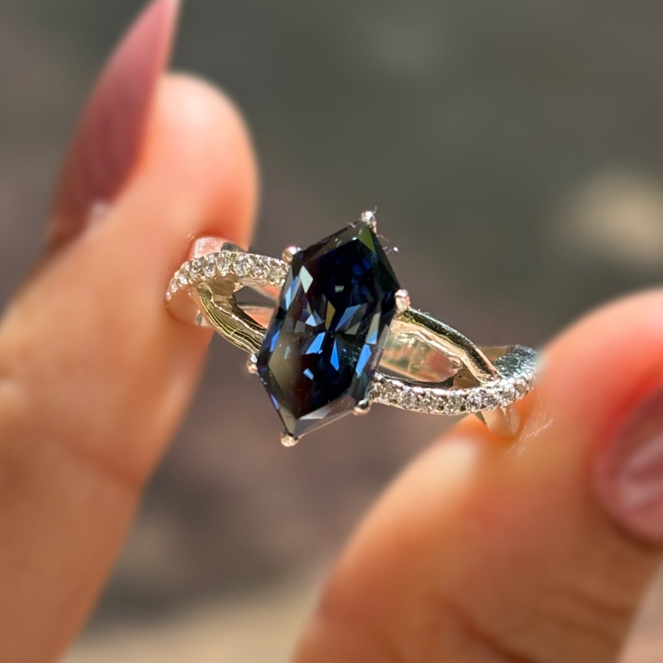 Royal Dark Blue Dutch Marquise Moissanite Engagement Ring, Twisted Shank Wedding Ring, Accent Pave Set Ring, Proposal Ring, Surprise Gifts