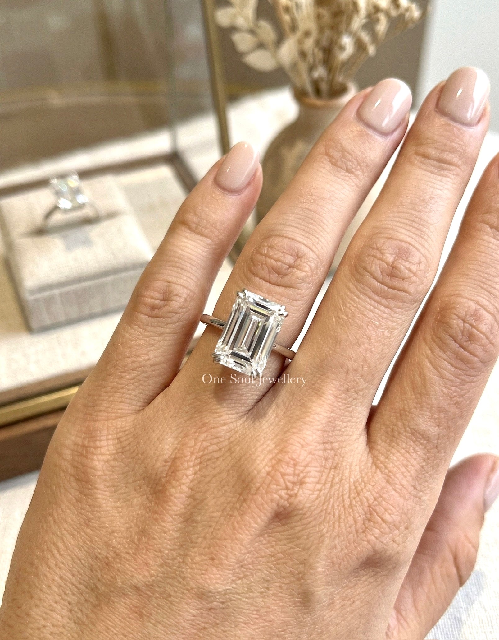 5.00 CT Emerald Cut Moissanite Engagement Ring, Hidden Halo Wedding Ring, Double Claw Prong