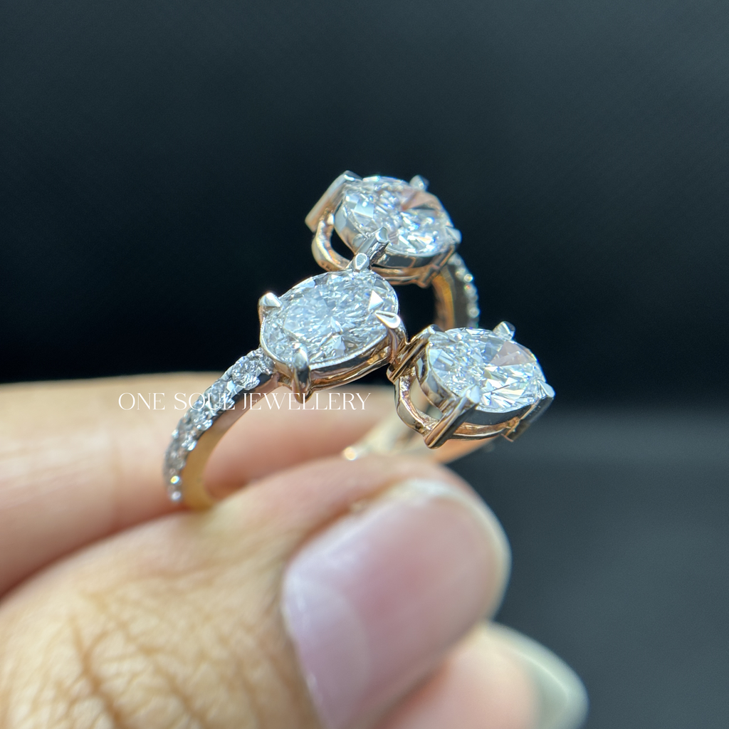 Three Stone Oval Lab Diamond Ring, Trilogy Engagement Ring, Bypass Shank Bridal Ring, Certified Diamond Ring, Anniversary Gift Ring