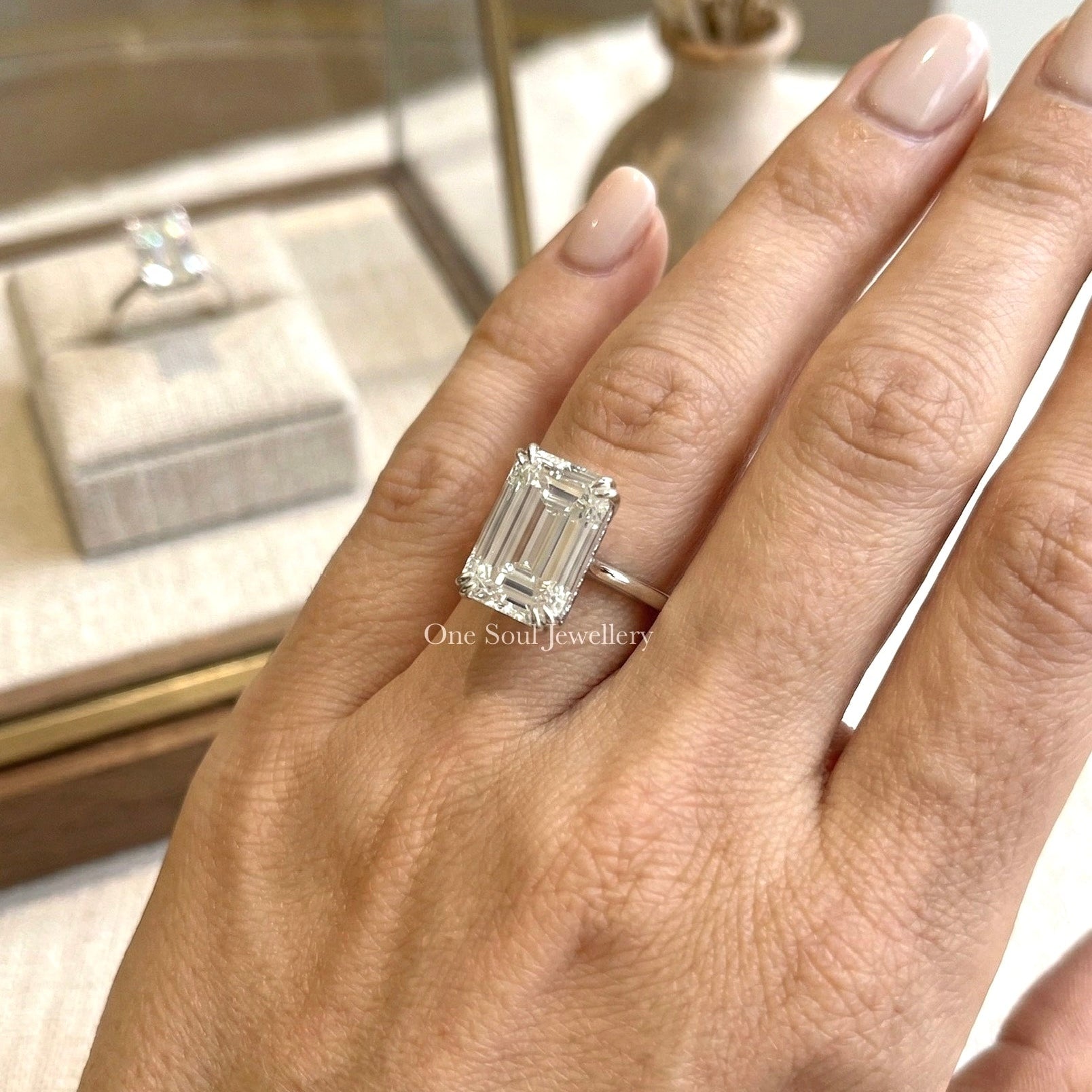 5.00 CT Emerald Cut Moissanite Engagement Ring, Hidden Halo Wedding Ring, Double Claw Prong, Proposal Ring, Celebrity Style Ring