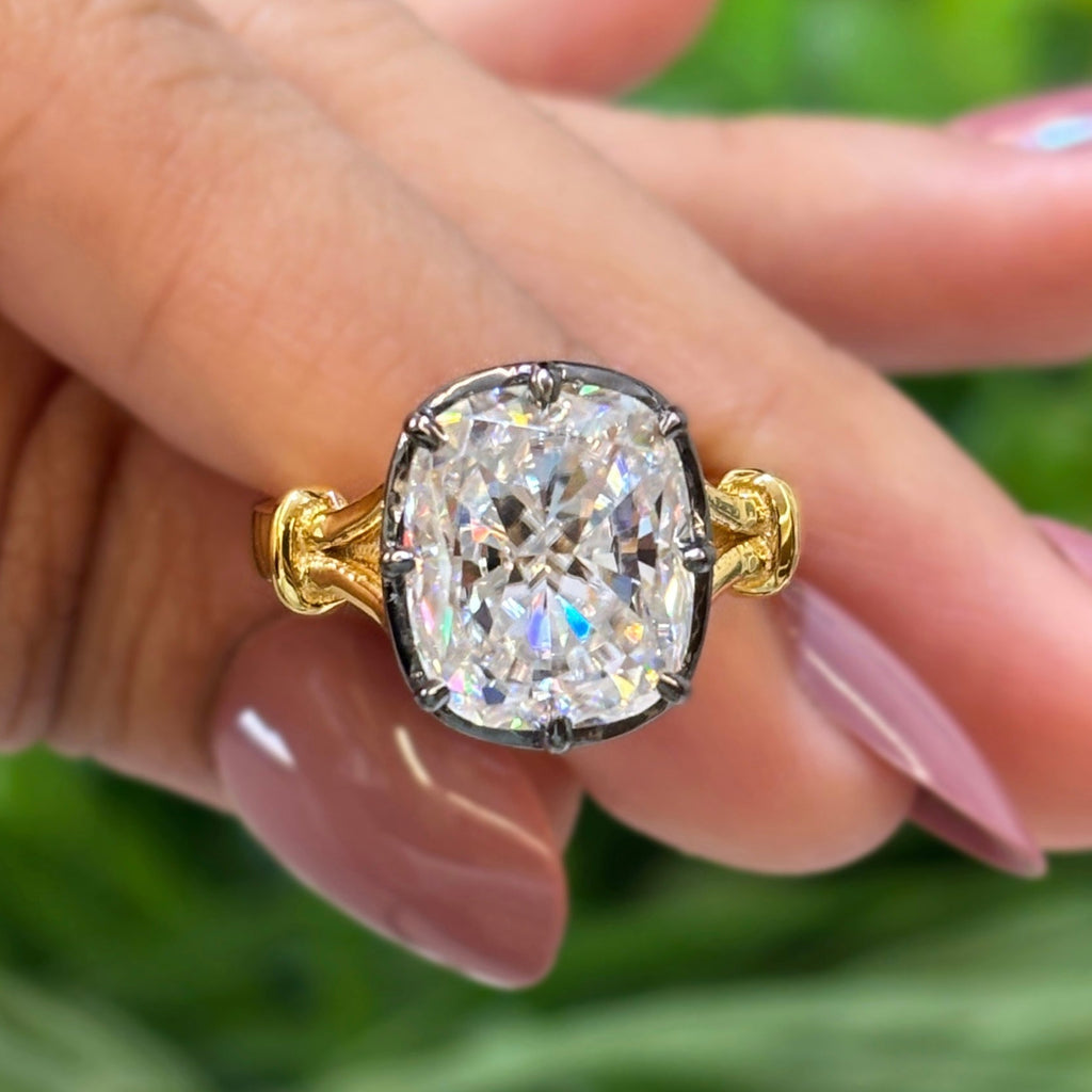 Georgian Antique 6.00 CT Cushion Moissanite Engagement Ring, Victorian Style Solitaire Wedding Ring, 14K Yellow Gold Ring, Art Deco Ring