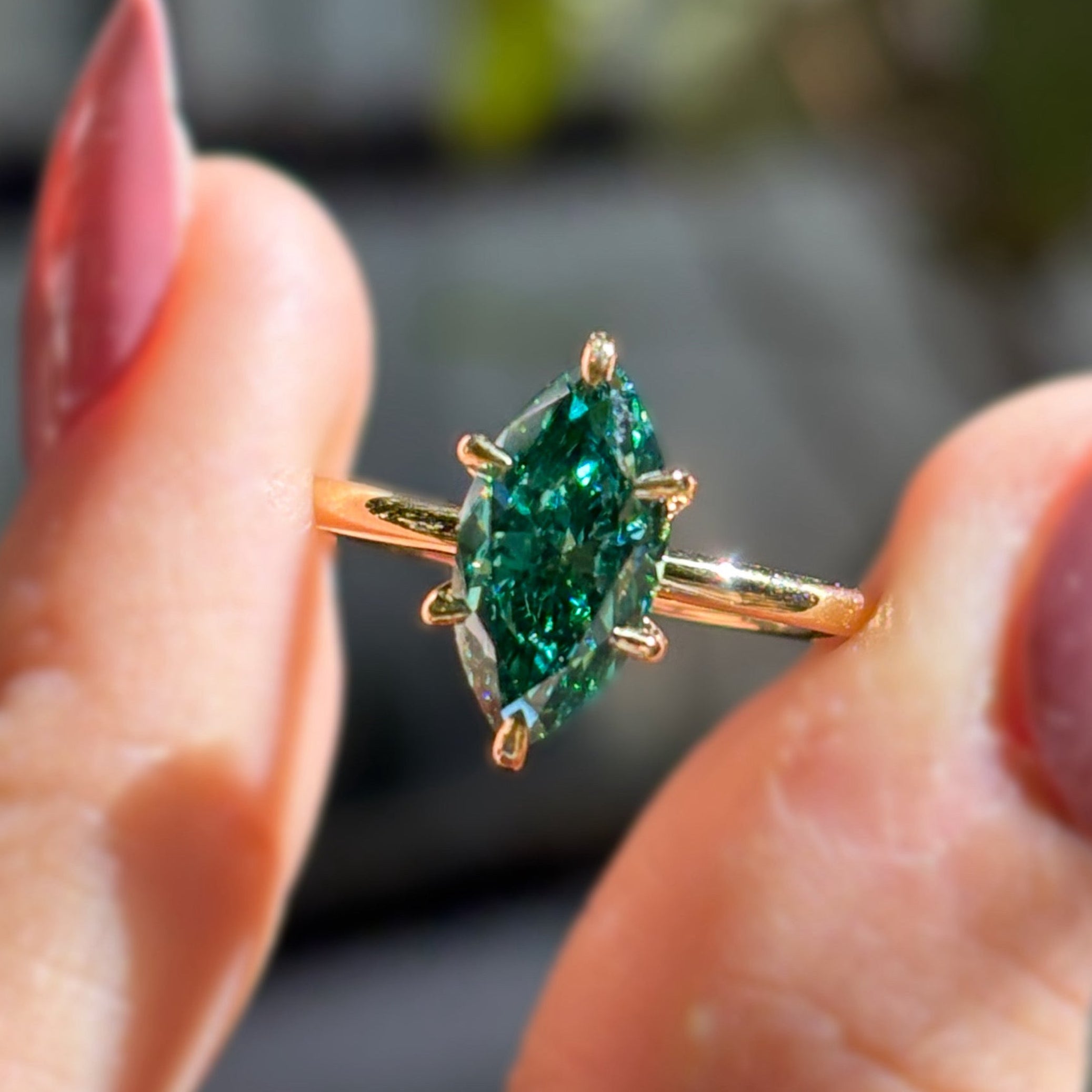 Dark Green Marquise Cut Moissanite Engagement Ring, 2.00 CT Solitaire Wedding Ring, 10K Yellow Gold Ring, Claw Prongs, Proposal Ring