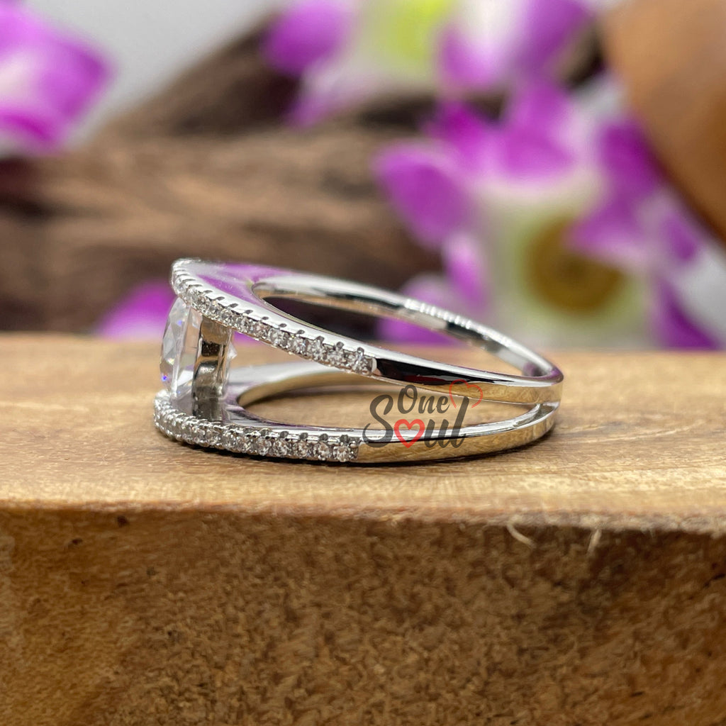 Round Moissanite Halo Engagement Ring, Pavé Split Shank Solitaire Ring
