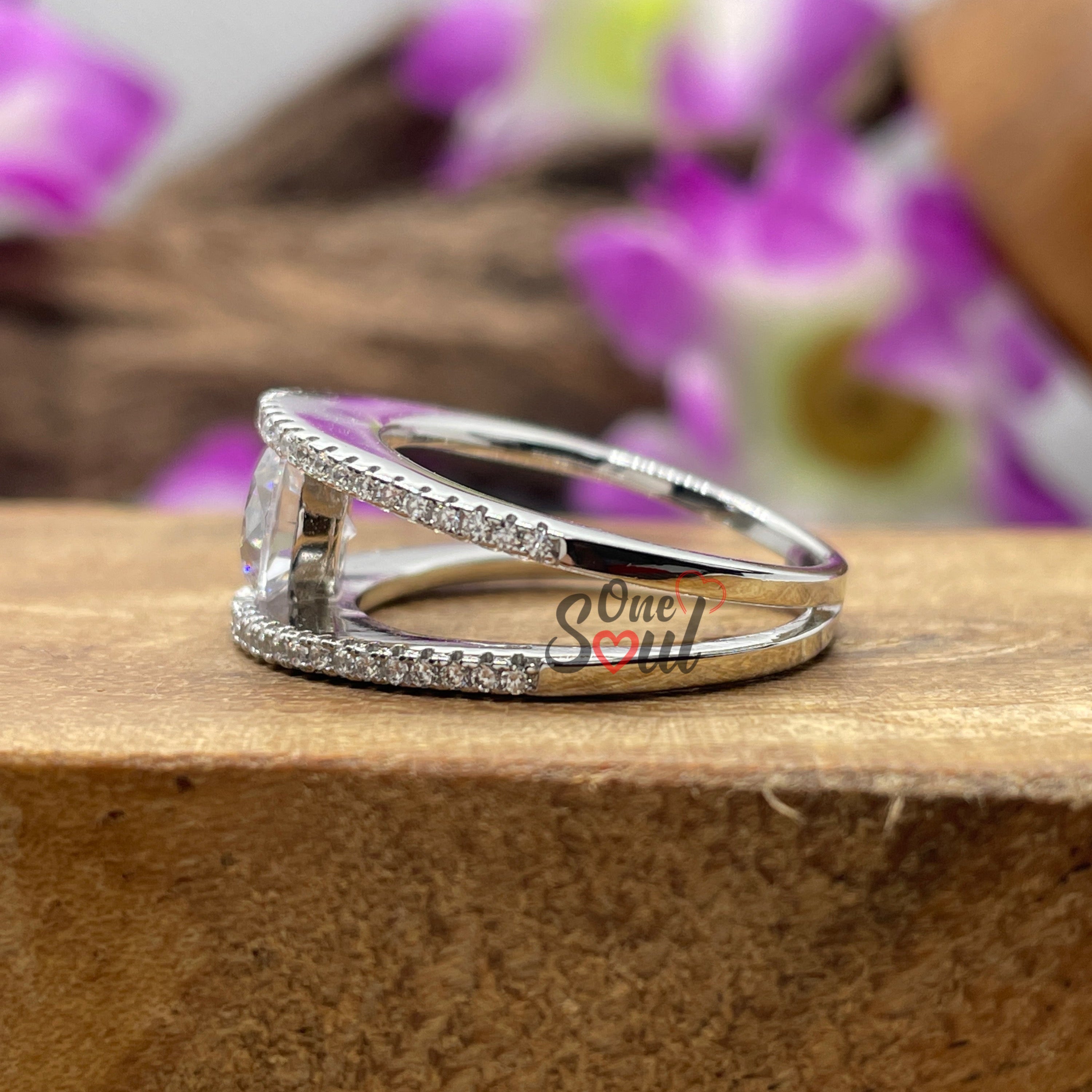 Round Moissanite Halo Engagement Ring, Pavé Split Shank Solitaire Ring