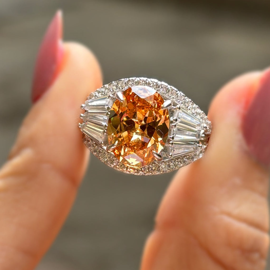 3.50 CT Champagne Oval Cut Moissanite Engagement Ring, Oval Wedding Ring, Cluster Set Halo Ring, Accent Ring, Vintage Bridal Set Ring