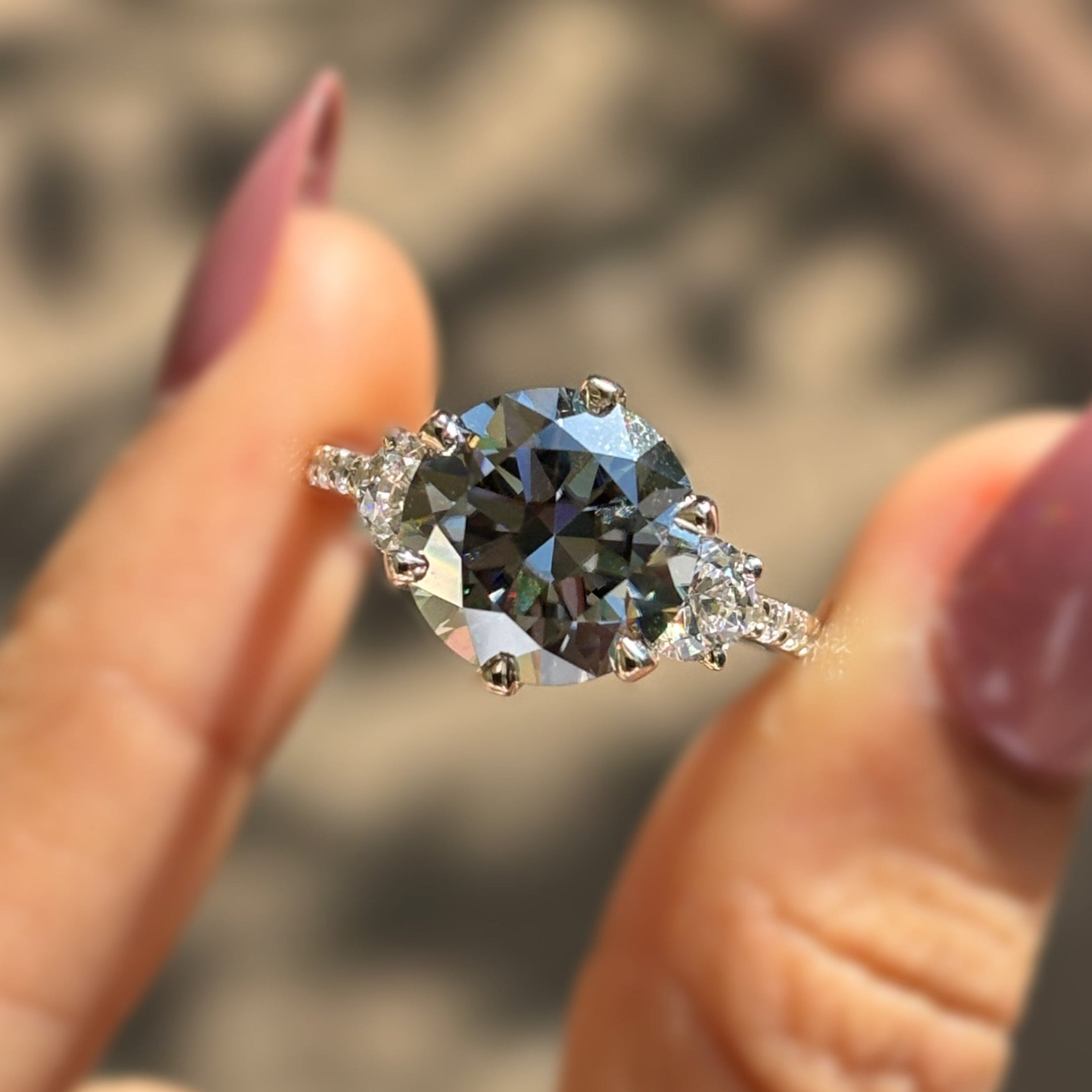 Grey Round Cut Moissanite Engagement Ring, Three Stone Wedding Ring, Side Stone Round Cut, Proposal Ring for Her, Celebrity Style Ring