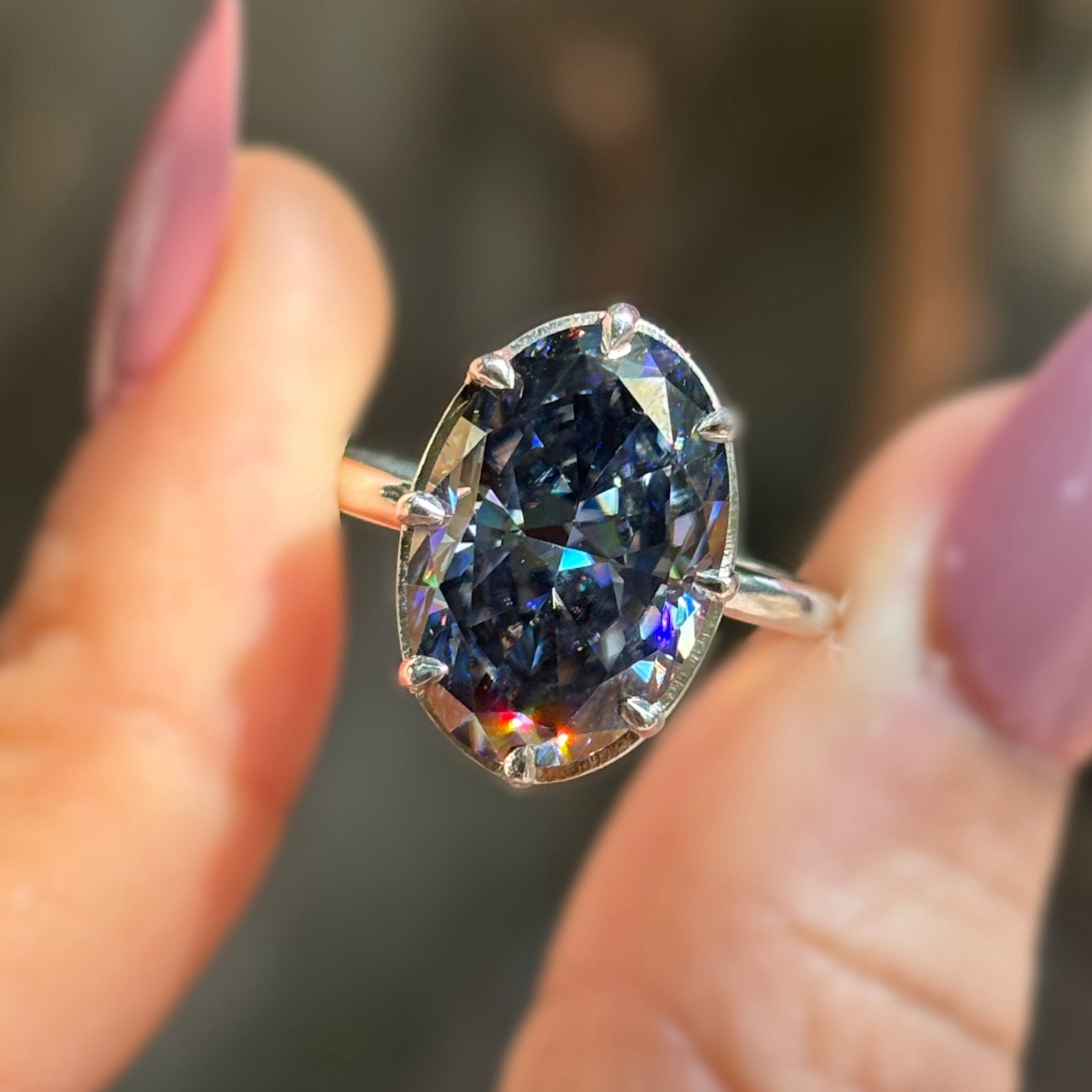 Big Dark Grey Oval Moissanite Engagement Ring, Gray Diamond Solitaire Wedding Ring, Button Setting, 8 Prong Ring, Proposal Ring, Trendy Ring