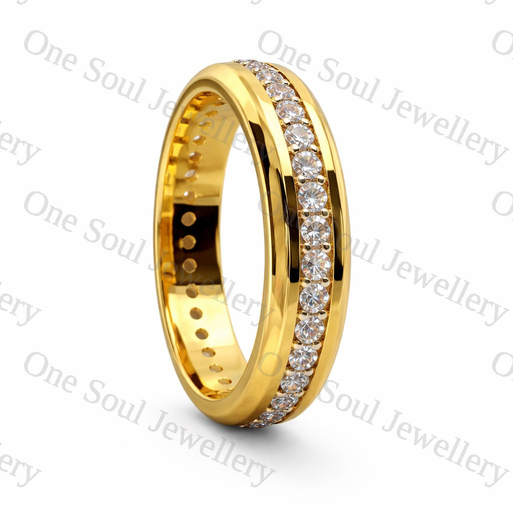 6MM yellow gold cigar band with pavé set round brilliant moissanite — full eternity wedding ring, handcrafted in solid 14K gold