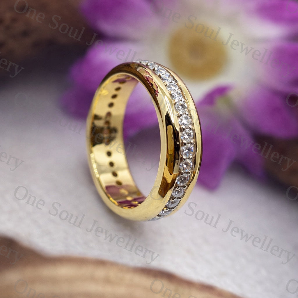 6MM yellow gold cigar band with pavé set round brilliant moissanite — full eternity wedding ring, handcrafted in solid 14K gold