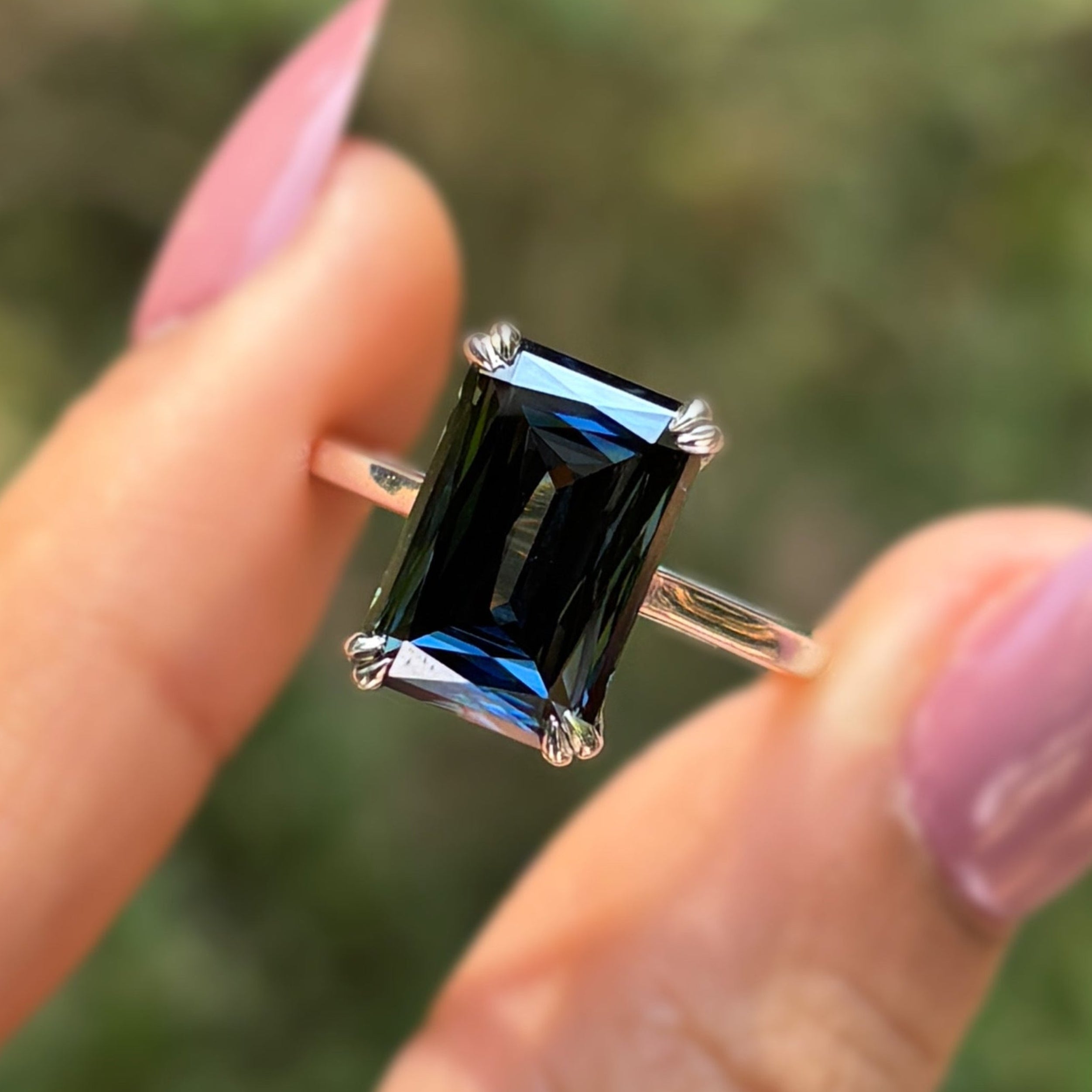 Dark Blue Criss Cut Moissanite Engagement Ring, Solitaire Wedding Ring with Cathedral Set, Double Claw Prong Setting, Proposal Ring
