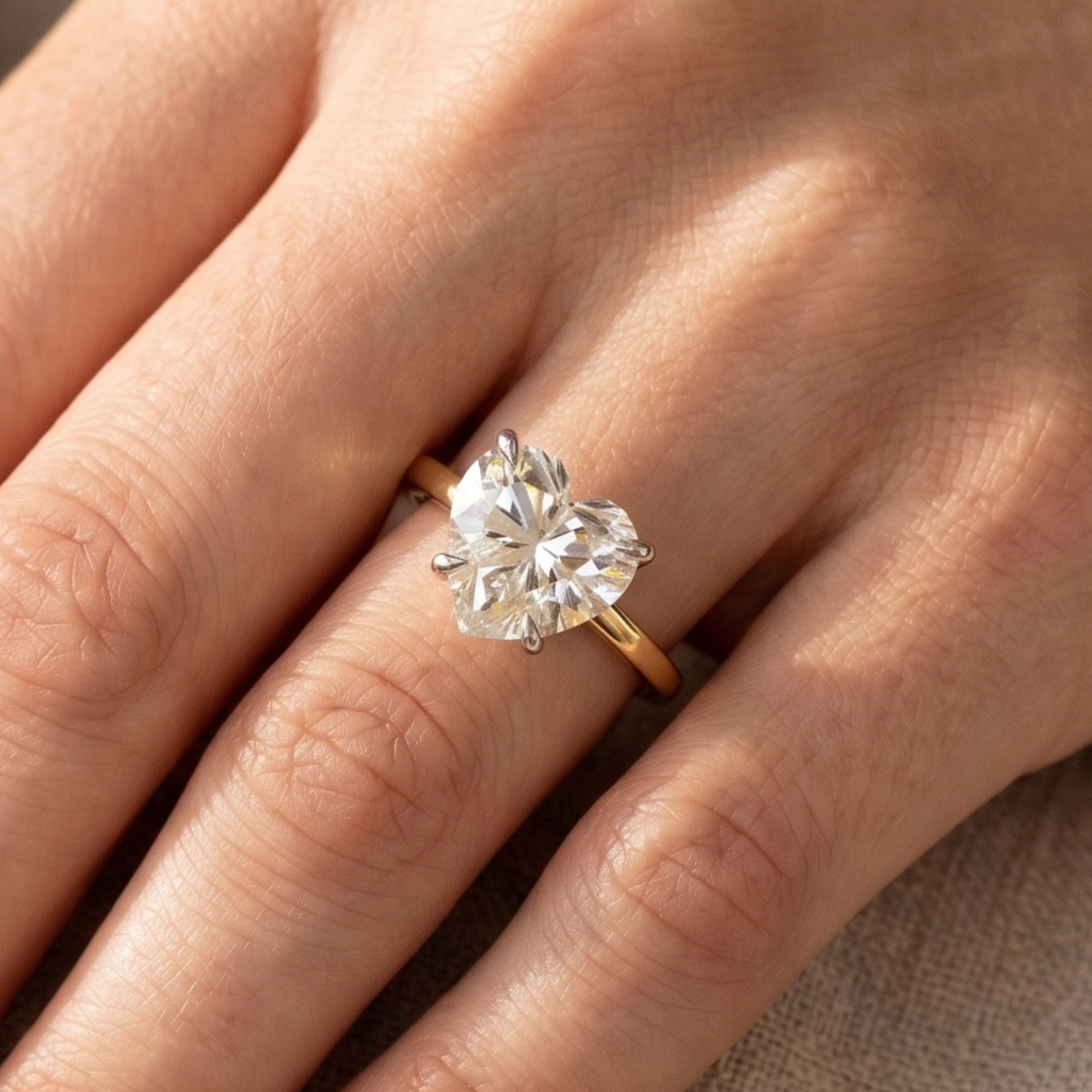 3ct heart cut colorless moissanite solitaire engagement ring in 14K yellow gold — 4-prong handcrafted fine jewelry
