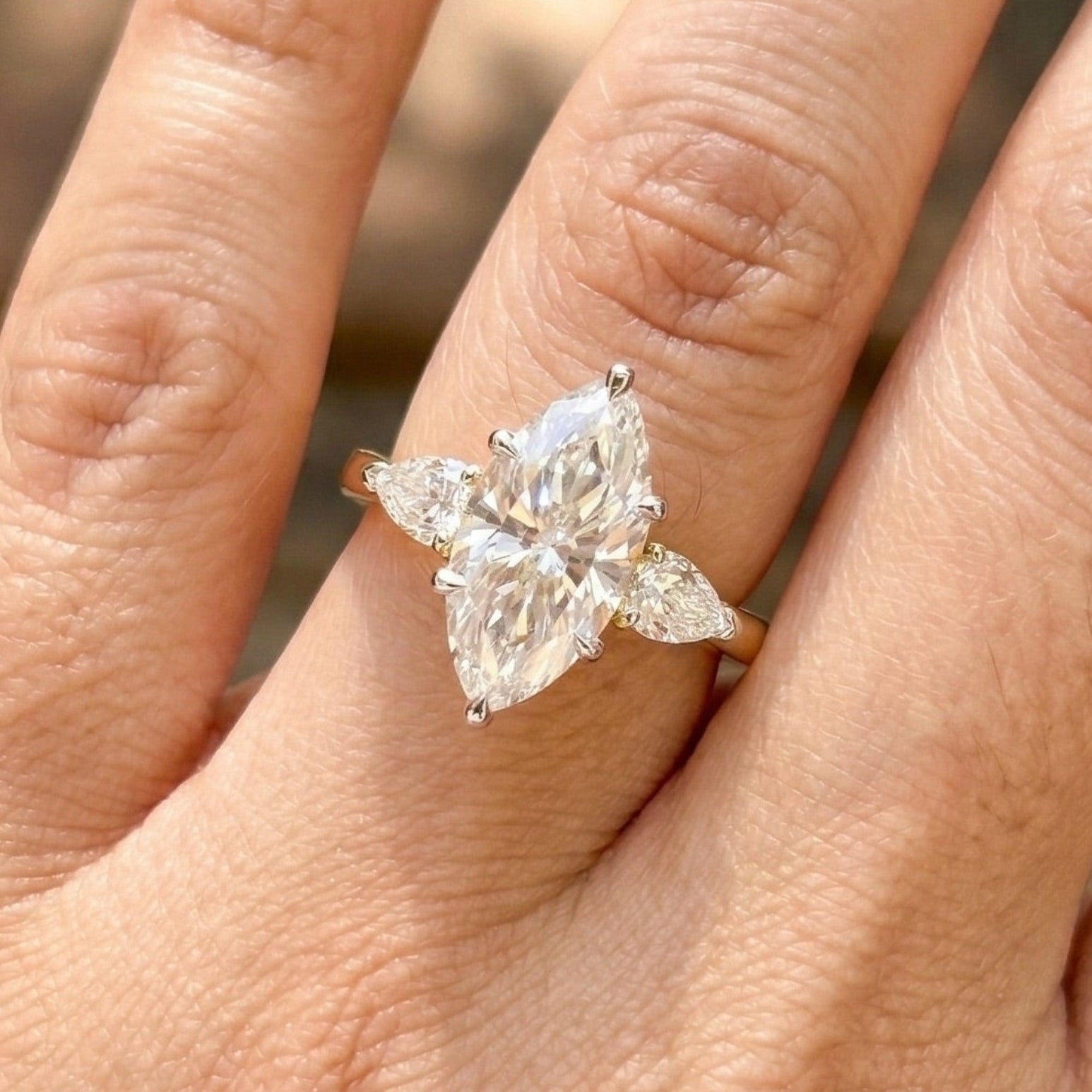 4.00 CT Marquise Cut Moissanite Engagement Ring, Three Stone Wedding Ring, Side Stone Pear Moissanite, Yellow Gold Proposal Ring