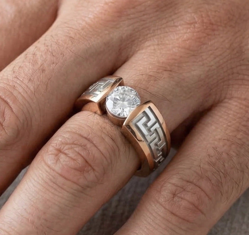 14K rose gold men's engagement ring featuring Greek key meander pattern and 2CT round VVS moissanite solitaire center stone