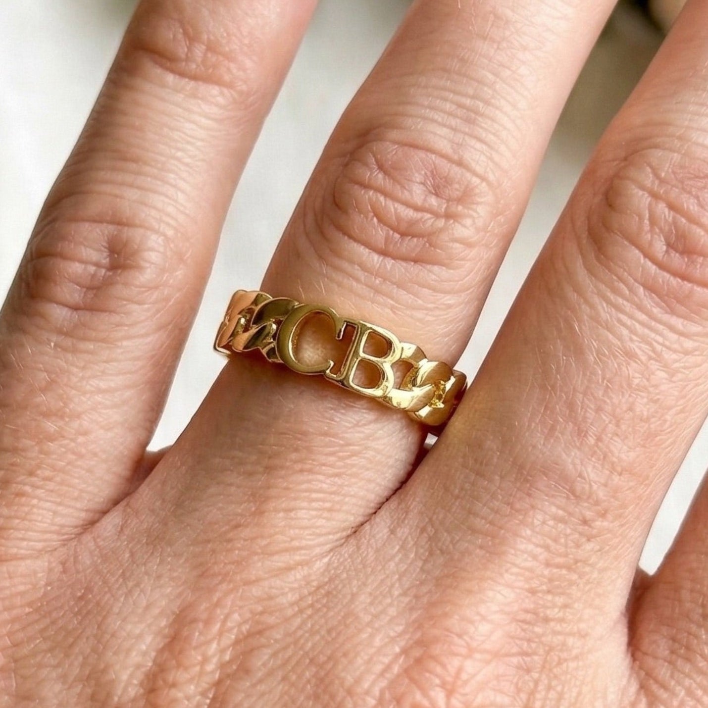 Solid Gold Cuban Link Ring, Initial Name Ring, Cuban Link Ring, Stackable Ring, Personalized Ring, Promise Ring, Dainty Name Ring