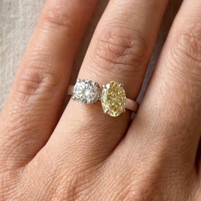 Yellow Oval and Colorless Round Moissanite Toi Et Moi Engagement Ring, Two Stone Ring Wedding Ring, You & Me Ring, Proposal Ring for Her