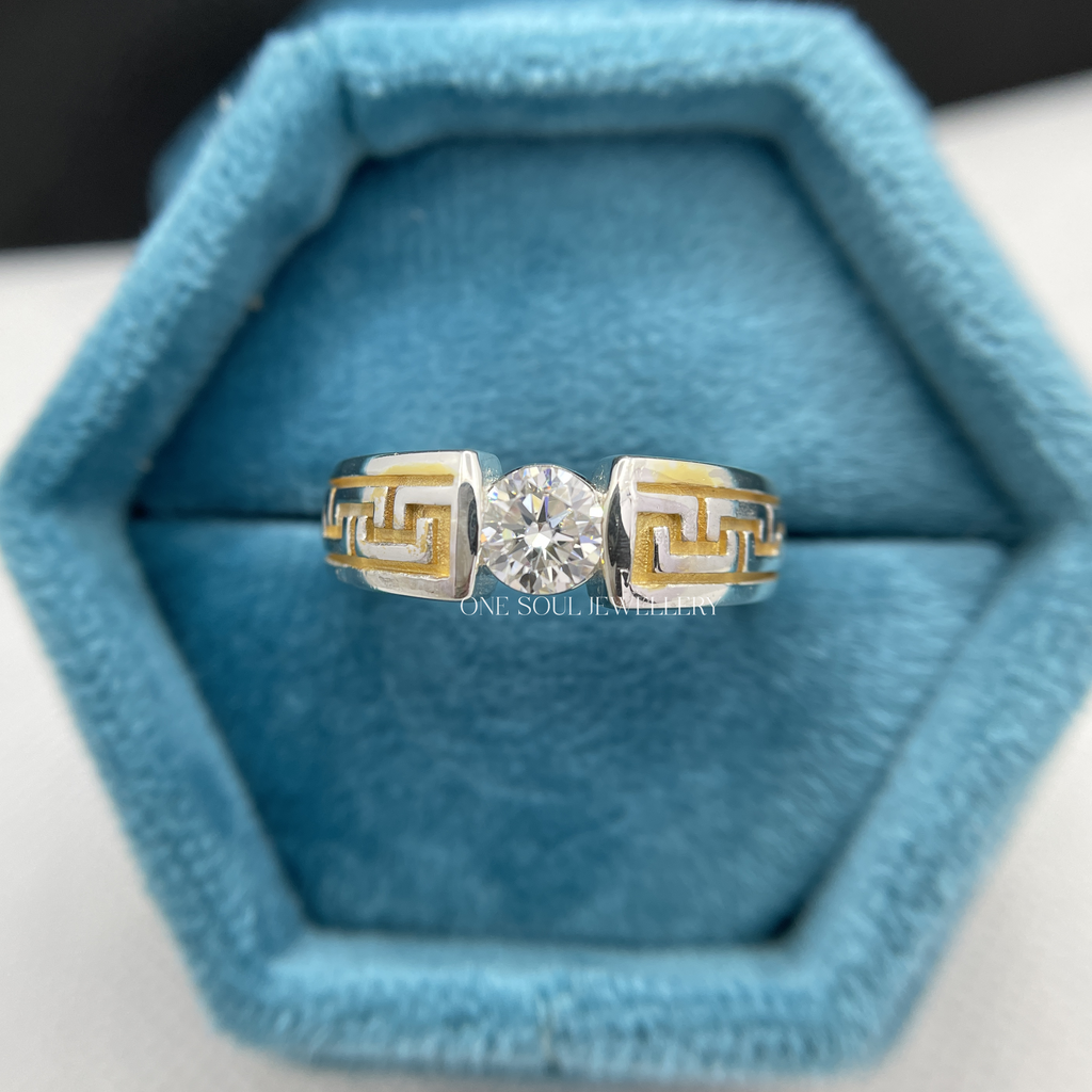 14K yellow gold men's engagement ring featuring Greek key meander pattern and 1CT round VVS moissanite solitaire center stone