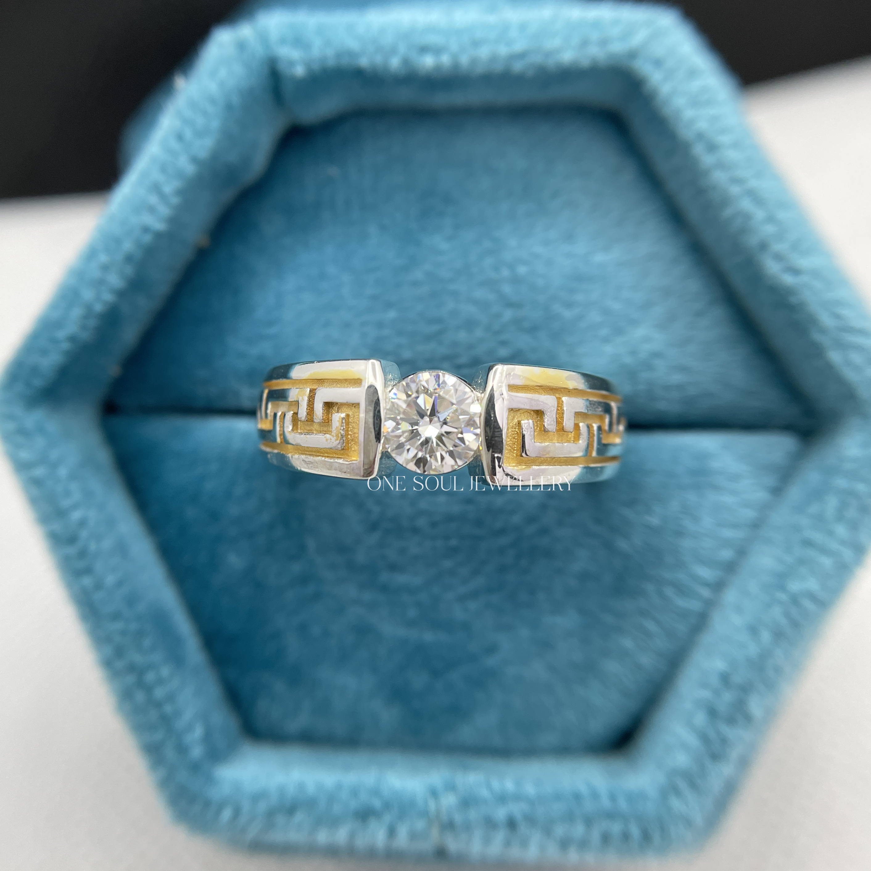 14K yellow gold men's engagement ring featuring Greek key meander pattern and 1CT round VVS moissanite solitaire center stone
