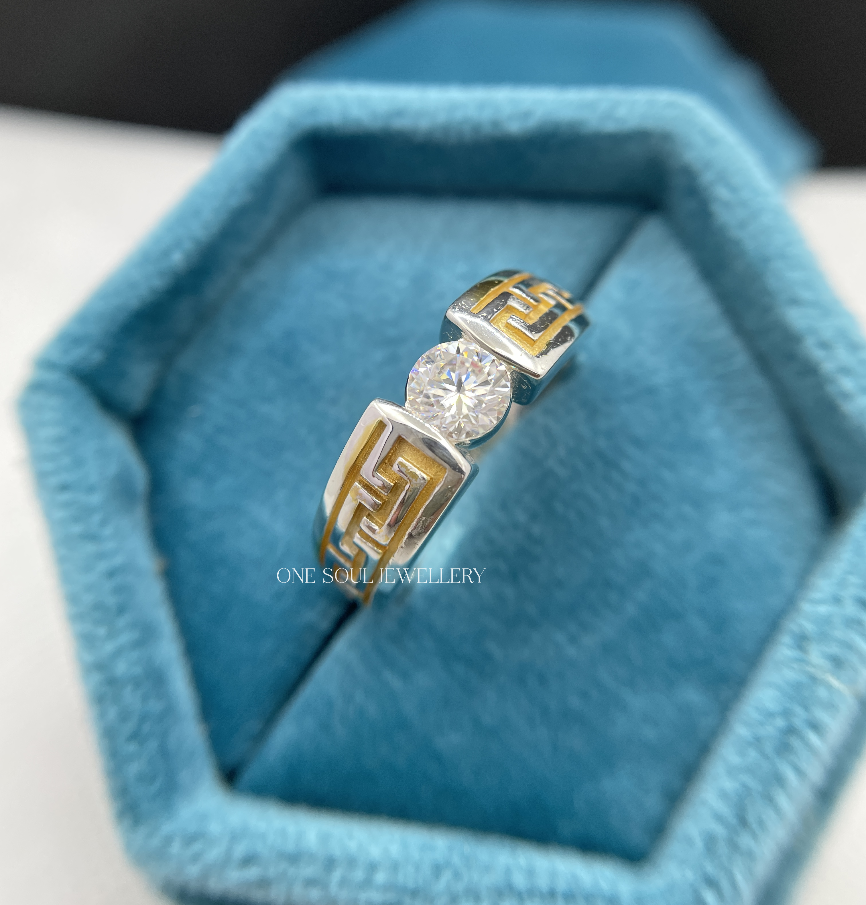 14K yellow gold men's engagement ring featuring Greek key meander pattern and 1CT round VVS moissanite solitaire center stone