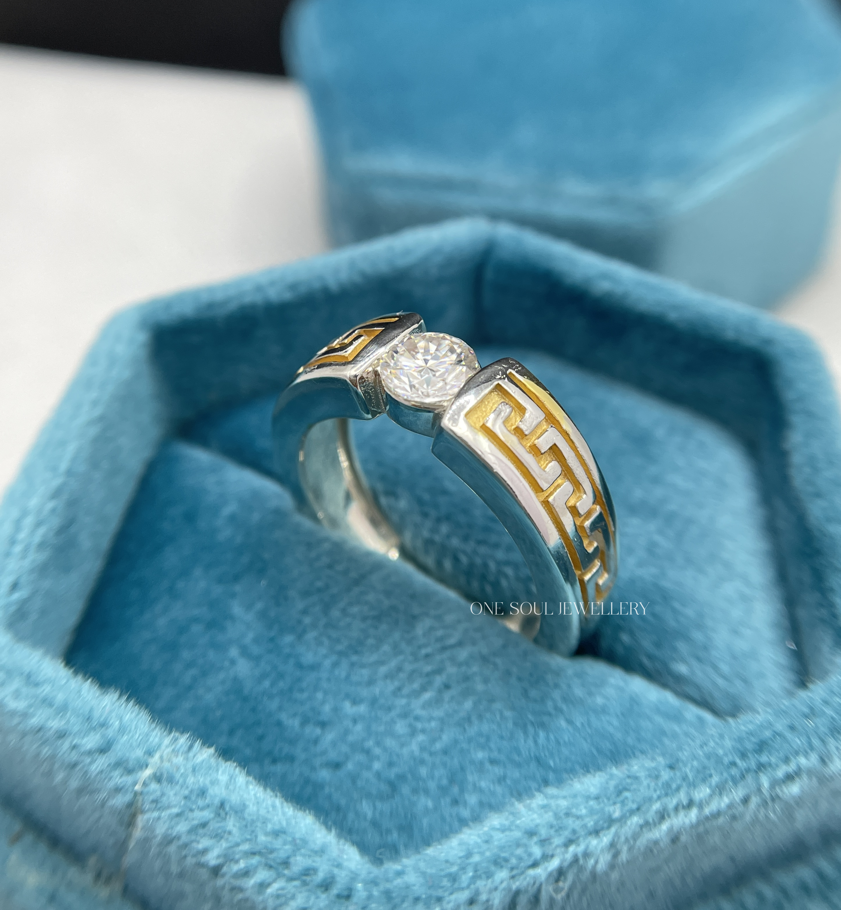 14K yellow gold men's engagement ring featuring Greek key meander pattern and 1CT round VVS moissanite solitaire center stone