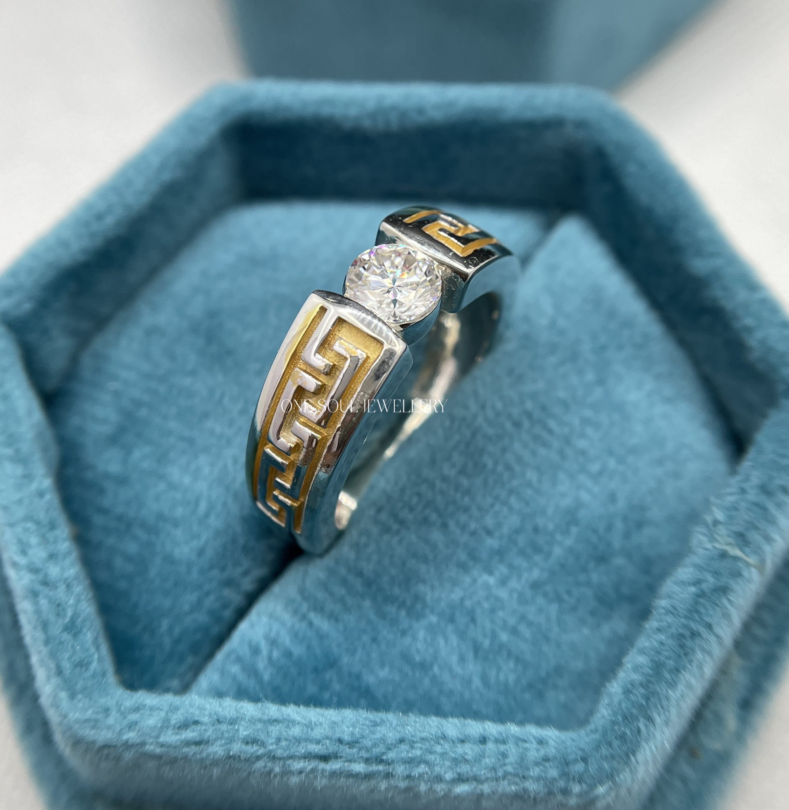 14K yellow gold men's engagement ring featuring Greek key meander pattern and 1CT round VVS moissanite solitaire center stone